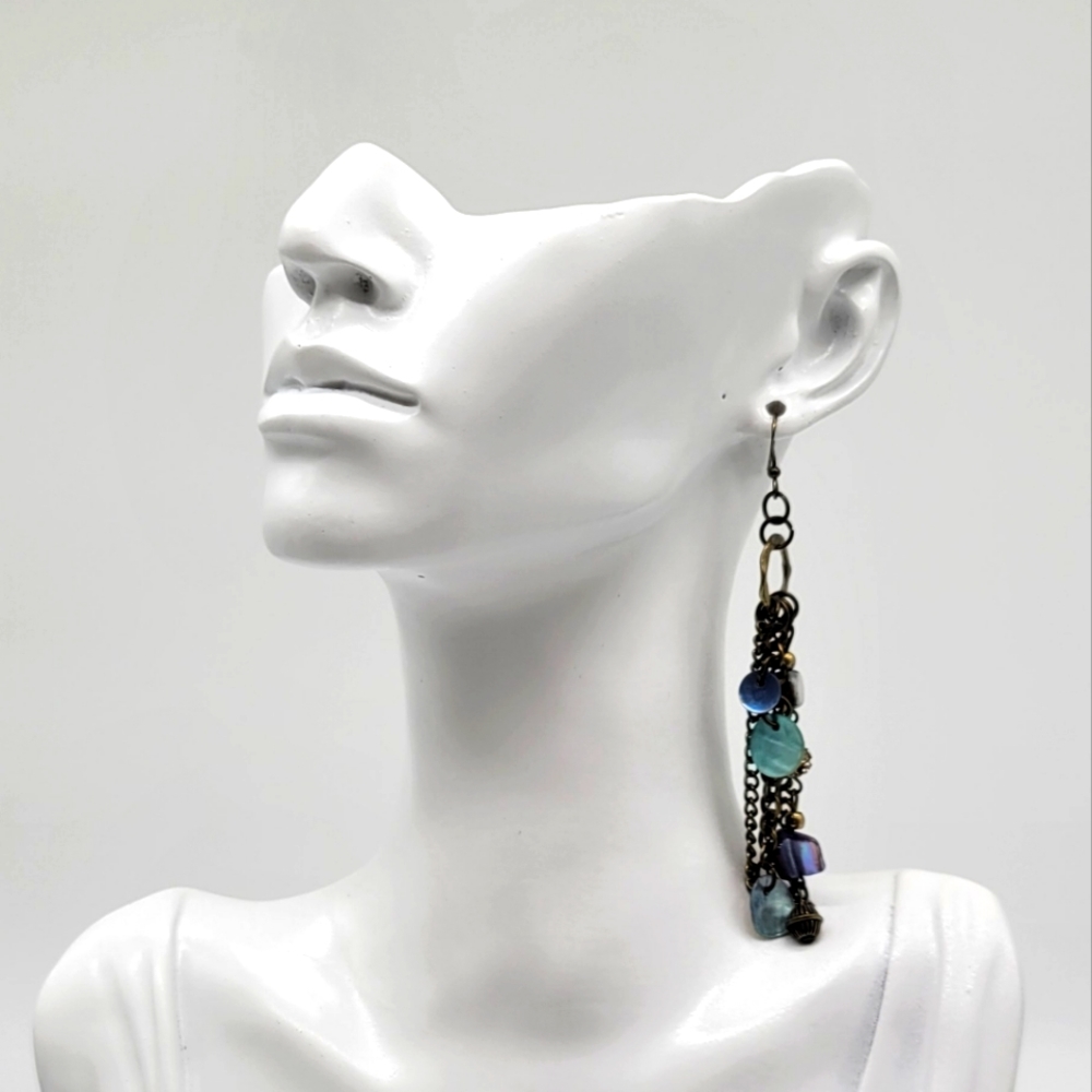 Extra Long Beaded Shell Dangle Earrings With Chai… - image 1